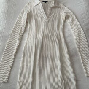 White Ribbed Collared Long Sleeve Sweater Dress